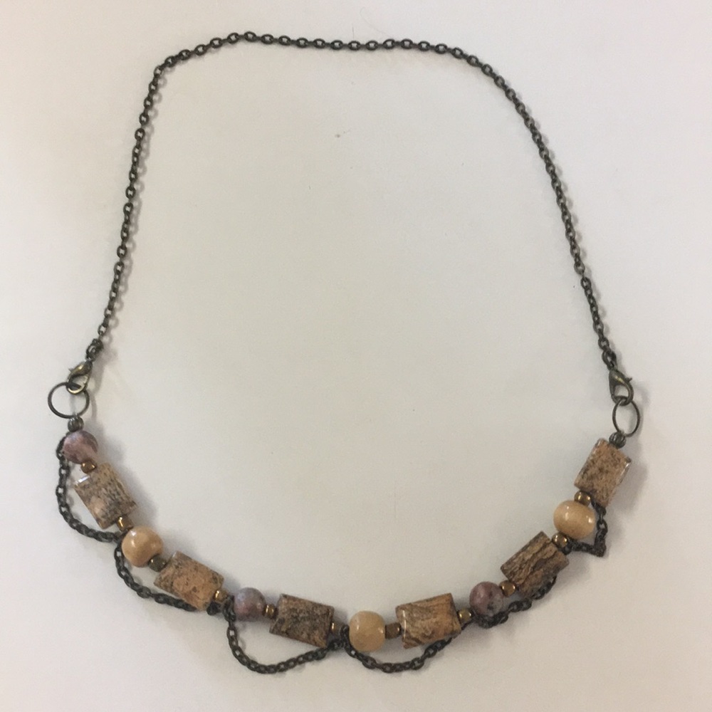 Gorgeous Jasper, Bronze and Wood Necklace Handmade